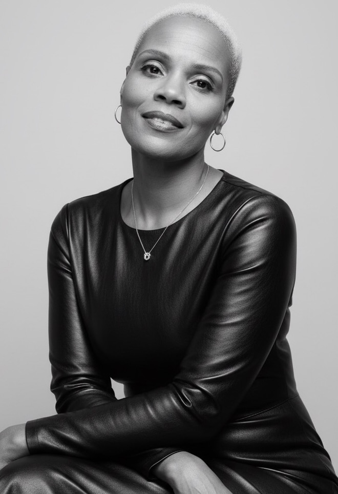 Black-and-white portrait of Maria Thrasher, founder of VolumeOn