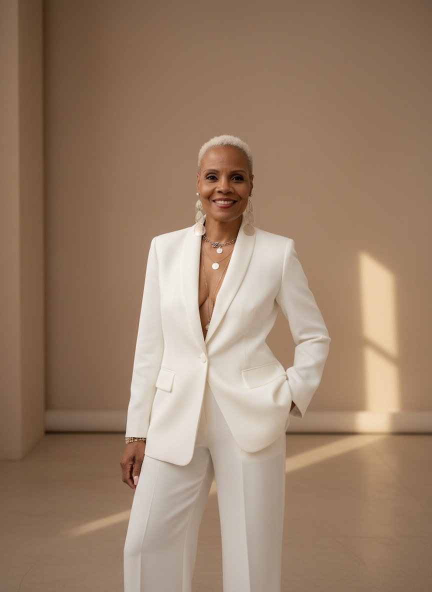 Maria Thrasher, founder of VolumeOn, standing in a white suit in a warm, sunlit room